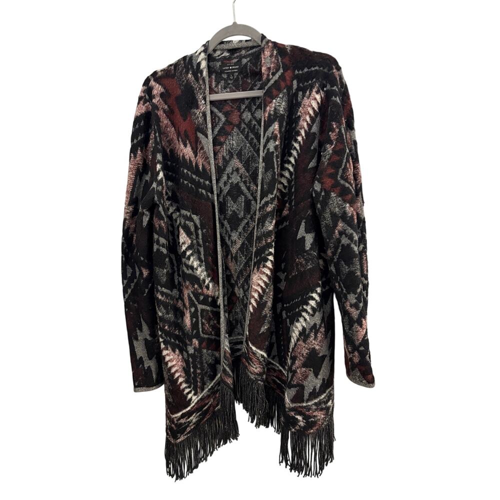 Lucky Brand Southwestern Aztec Fringe Hem Knit Sweater L Boho Cotton Blend Cozy - Picture 8 of 8